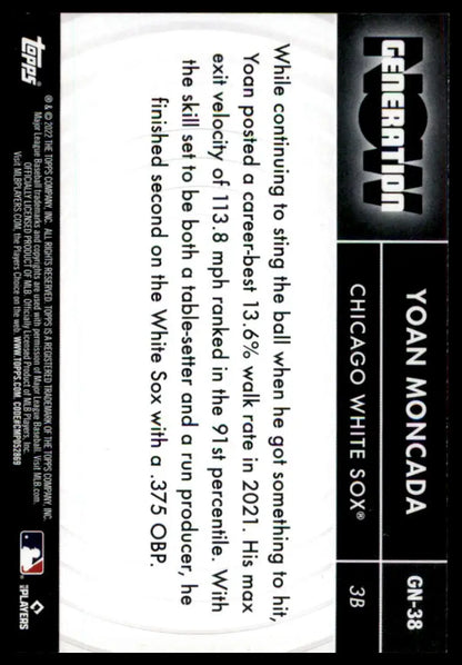 Baseball card back featuring Yoan Moncada from 2022 Topps Generation Now series