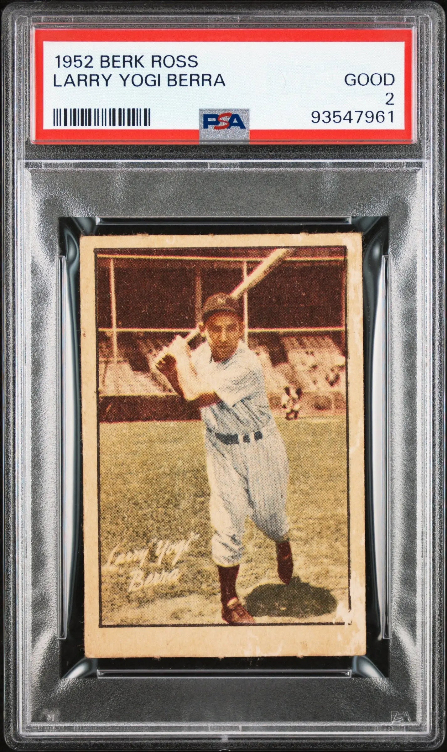 Yogi Berra 1952 Berk Ross PSA 2 Good baseball card of New York Yankees player batting