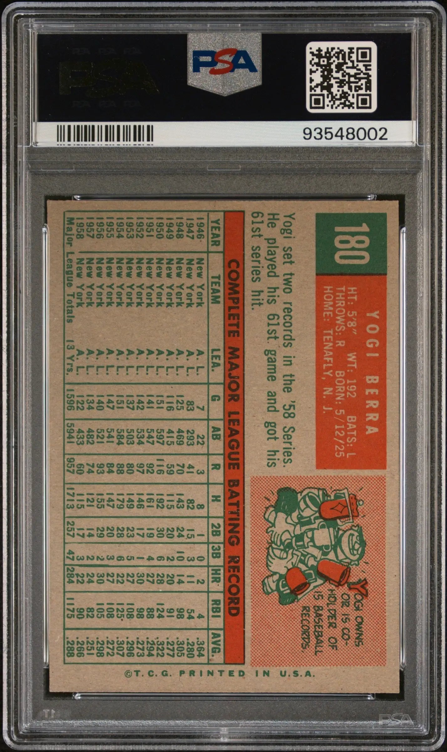 Yogi Berra 1959 Topps #180 PSA 8 NM-MINT baseball card in protective case with stats