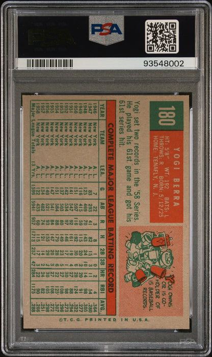 Yogi Berra 1959 Topps #180 PSA 8 NM-MINT baseball card in protective case with stats