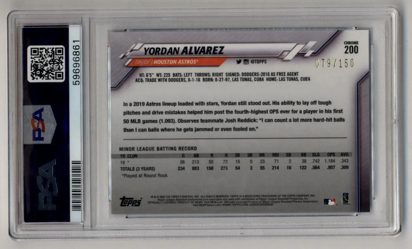 Yordan Alvarez 2020 Topps Chrome Blue Refractor card in PSA slab, Gem Mint 10