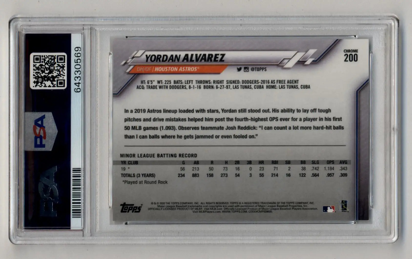 Slabbed Yordan Alvarez 2020 Topps Chrome Negative Refractor PSA 10 Gem Mint card