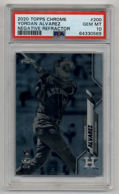 PSA-graded Yordan Alvarez 2020 Topps Chrome Negative Refractor baseball card in case