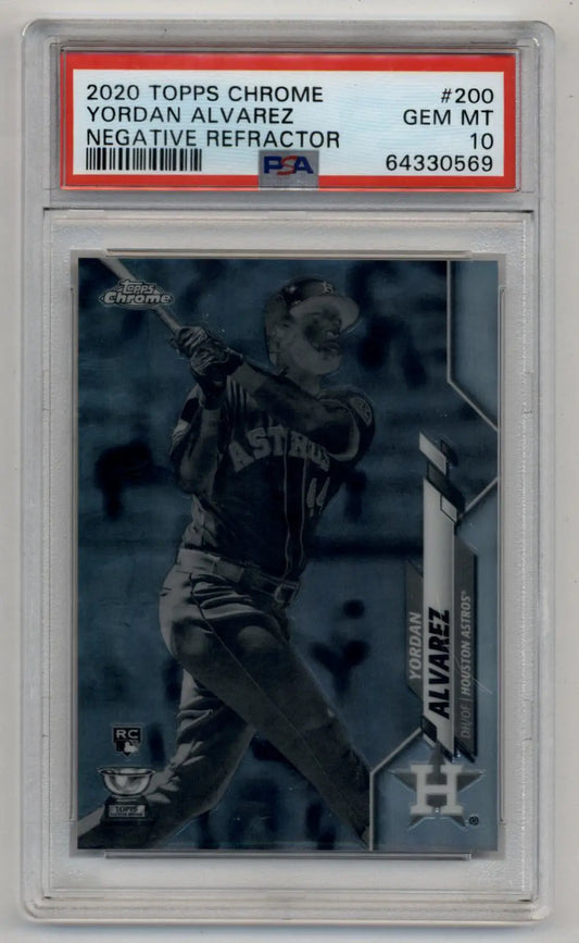 PSA-graded Yordan Alvarez 2020 Topps Chrome Negative Refractor baseball card in case