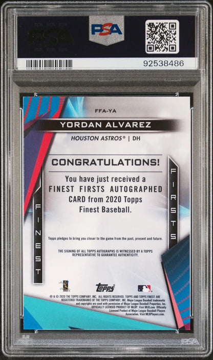 Yordan Alvarez 2020 Topps Finest Firsts auto card with PSA 10 grade
