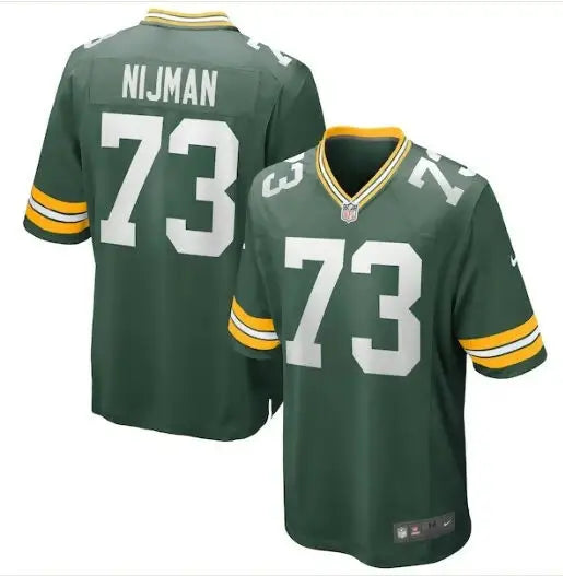 Green Bay Packers Yosh Nijman #73 Nike Game Jersey in green on display