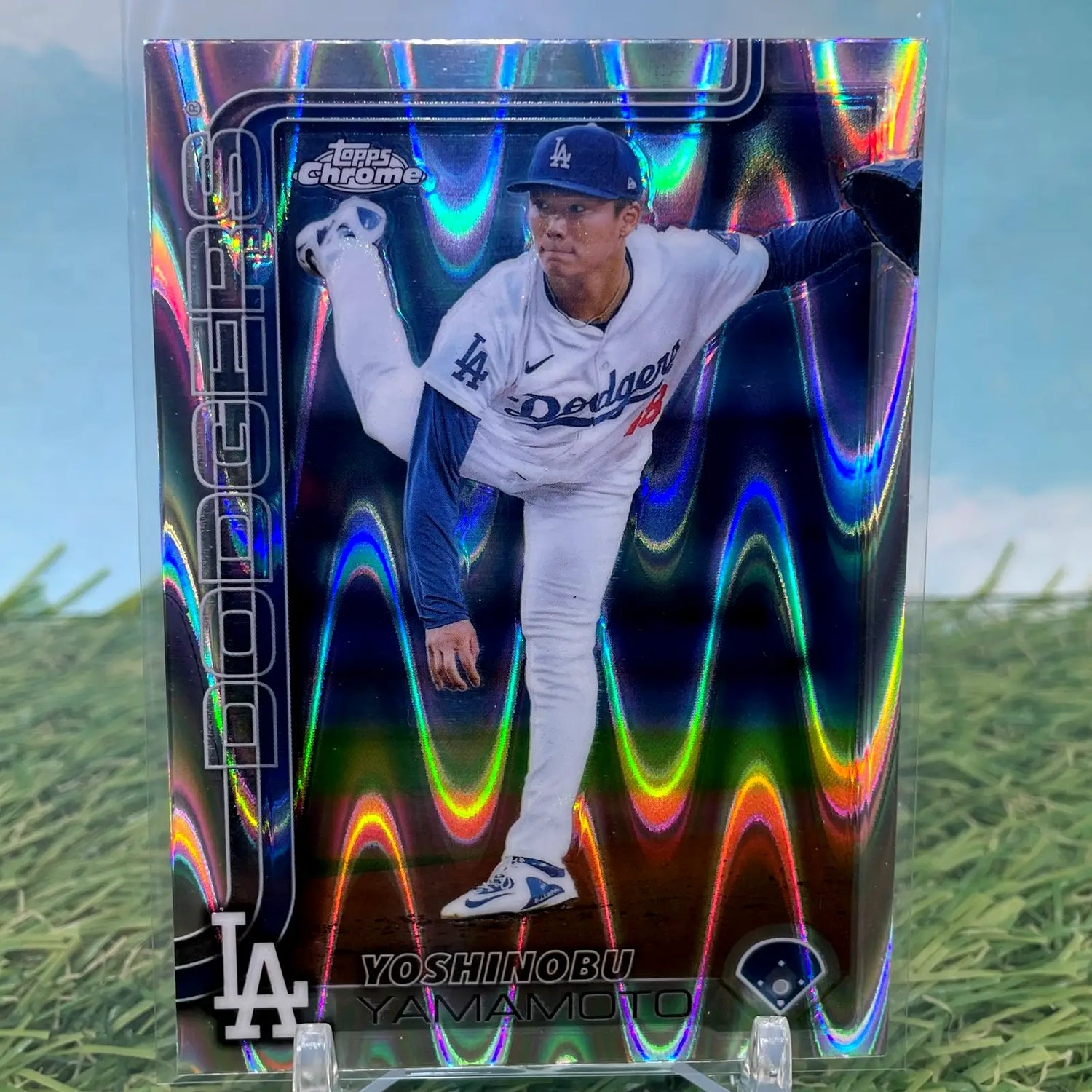 Yoshinobu Yamamoto baseball card showcasing Topps Chrome RayWave Refractor design