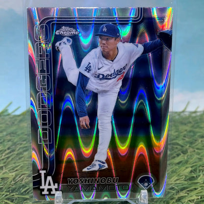 Yoshinobu Yamamoto baseball card showcasing Topps Chrome RayWave Refractor design