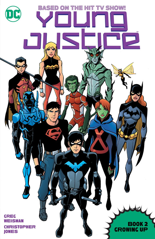 Comic book cover featuring the Young Justice team from the Young Justice Book 2 Growing Up TP