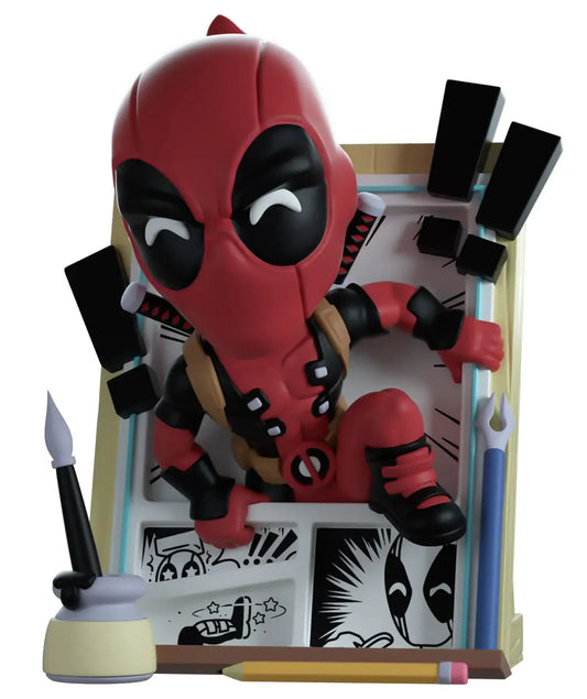 Deadpool vinyl figure against a comic book backdrop from YouTooz Marvel collection