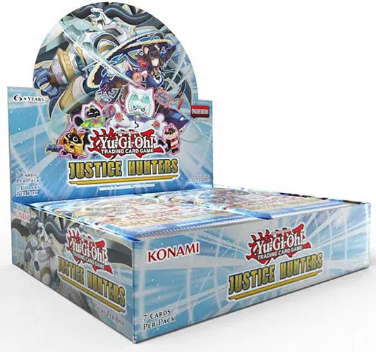 Display of Yu-Gi-Oh Justice Hunters Booster Box with Justice Hunters Booster trading card packs