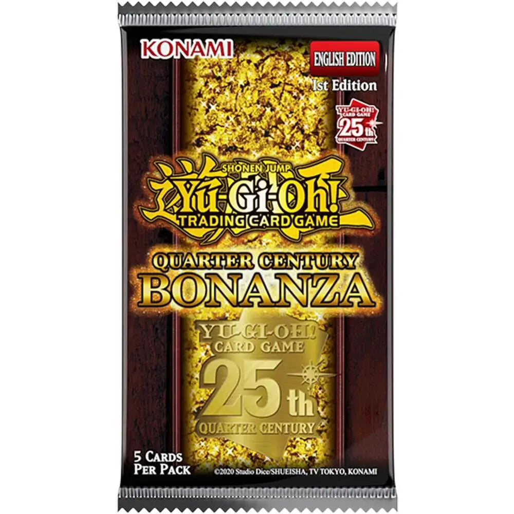 Yu-Gi-Oh Quarter Century Bonanza Booster Pack with gold design featuring secret rare cards