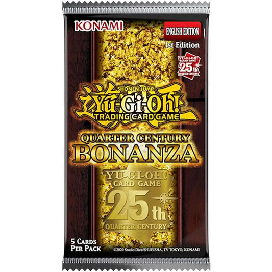 Yu-Gi-Oh Quarter Century Bonanza Booster Pack with gold design featuring secret rare cards