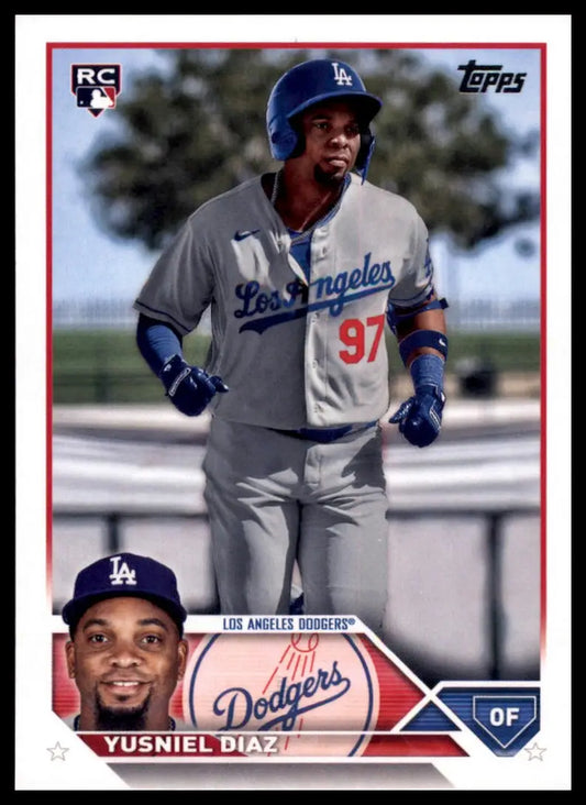 Yusniel Diaz rookie baseball card from 2023 Topps set featuring Los Angeles Dodgers