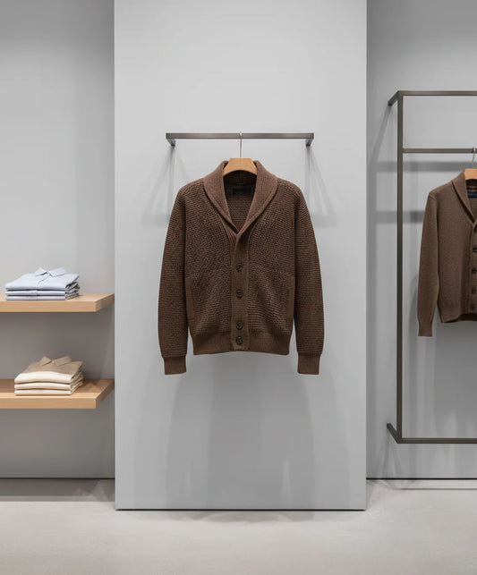 Brown textured cardigan on a white background