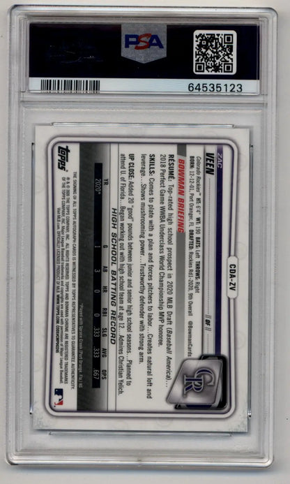 Christian Veen Bowman Chrome Draft prospects trading card in PSA slab featuring Zac Veen
