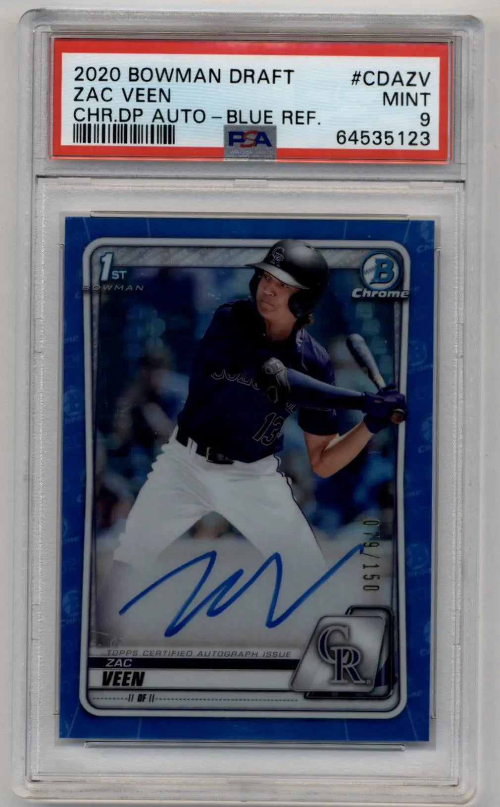 PSA-graded 2020 Bowman Chrome Draft Zac Veen autographed blue parallel baseball card