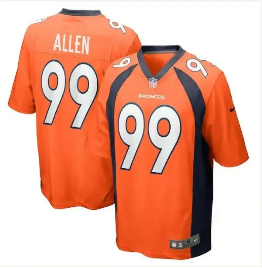 Two orange Denver Broncos Zach Allen Nike Game Player Jerseys with number 99