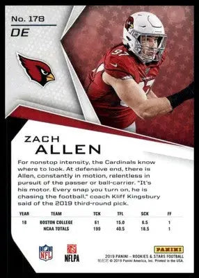 Zach Allen rookie football card from Panini Rookies & Stars True Blue /49