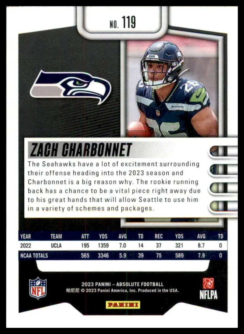 Zach Charbonnet football card from Panini Absolute Rookie 2023 Seattle Seahawks