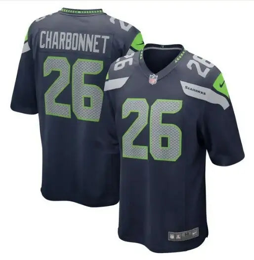 Dark blue Seattle Seahawks Zach Charbonnet football jersey with number 26 and name on back
