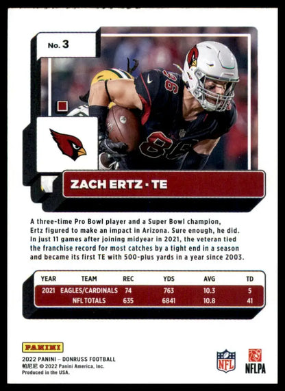 Zach Ertz football card from 2022 Donruss Arizona Cardinals product