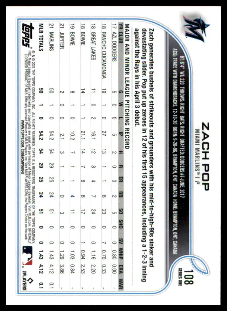 Zach Pop baseball card from Zach Pop Rookie 2022 Topps Miami Marlins series