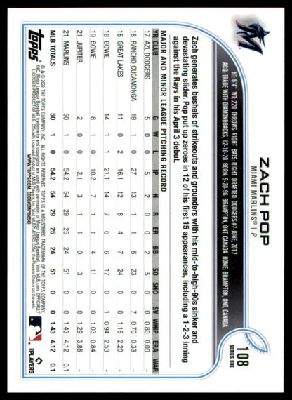 Zach Pop baseball card from Zach Pop Rookie 2022 Topps Miami Marlins series