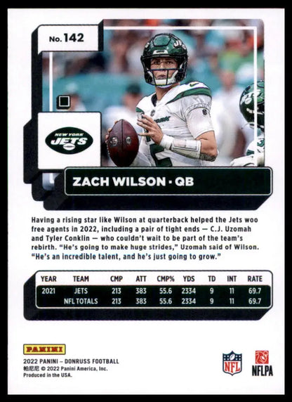 Zach Wilson football card from 2022 Donruss featuring New York Jets player