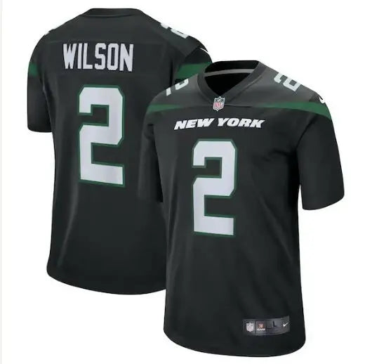 Black New York Jets Nike Zach Wilson football jersey displayed in product image