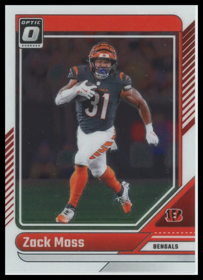 2023 Donruss Optic Zack Moss football card of Bengals player wearing jersey 31