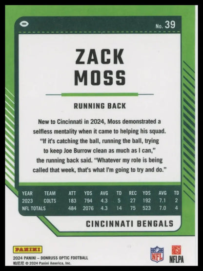 2024 Panini Donruss Optic Zack Moss football card Cincinnati Bengals product