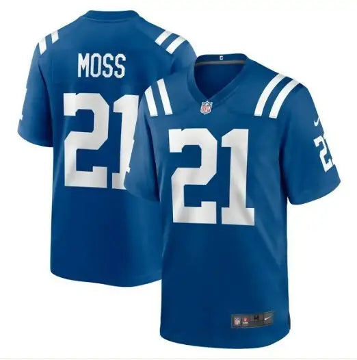 Blue Indianapolis Colts Zack Moss Nike Game Player Jersey with MOSS and 21 in white