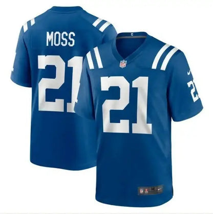 Blue Indianapolis Colts Zack Moss Nike Game Player Jersey with MOSS and 21 in white