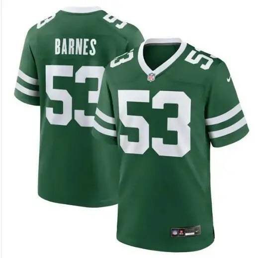 Green Zaire Barnes New York Jets Nike team game jersey with white numbers and name