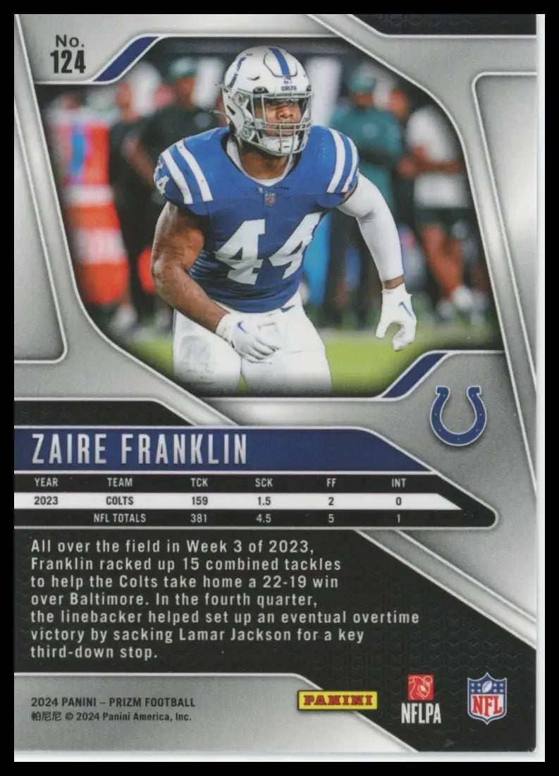 Back of Zaire Franklin 2024 Panini Prizm trading card from Indianapolis Colts set