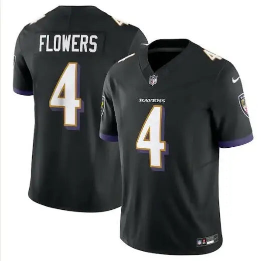 Black Baltimore Ravens football jersey featuring Zay Flowers Nike Alternate Vapor F.U.S.E. design