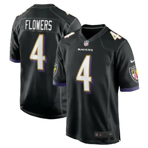 Black Baltimore Ravens Zay Flowers Nike Game Jersey displayed in product image