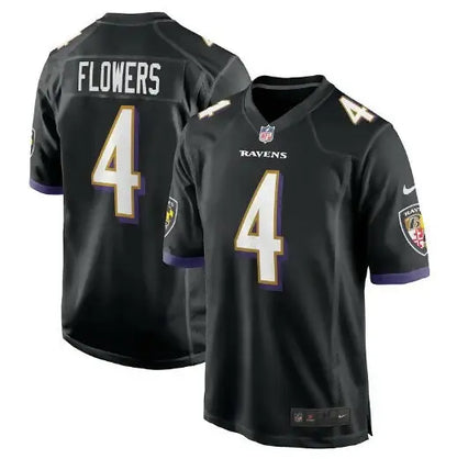 Black Baltimore Ravens Zay Flowers Nike Game Jersey displayed in product image
