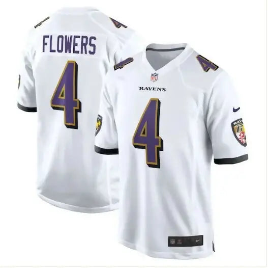 White Baltimore Ravens Zay Flowers Nike Game Jersey displayed for sale