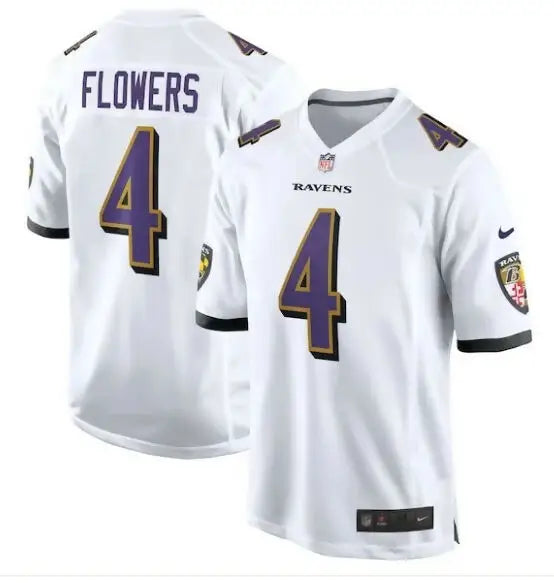 White Baltimore Ravens Zay Flowers Nike Game Jersey with purple Flowers and number 4