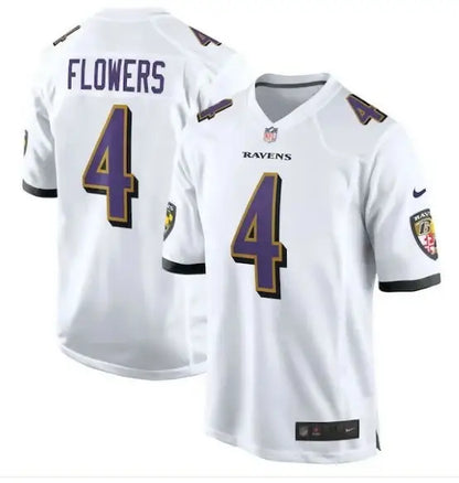 White Baltimore Ravens Zay Flowers Nike Game Jersey with purple Flowers and number 4
