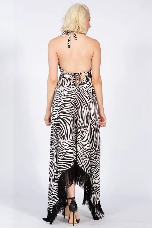 Women’s zebra print halter dress with fringe trim, size fits most, perfect for parties