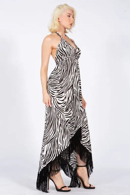 Zebra print halter dress with fringe hem, size fits most, perfect for parties and cocktails