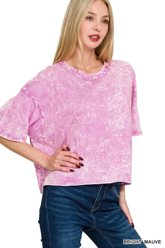 Zenana Acid Crinkle-Washed Oversized T-Shirt - BRIGHT MAUVE / S - Oversized T-Shirt