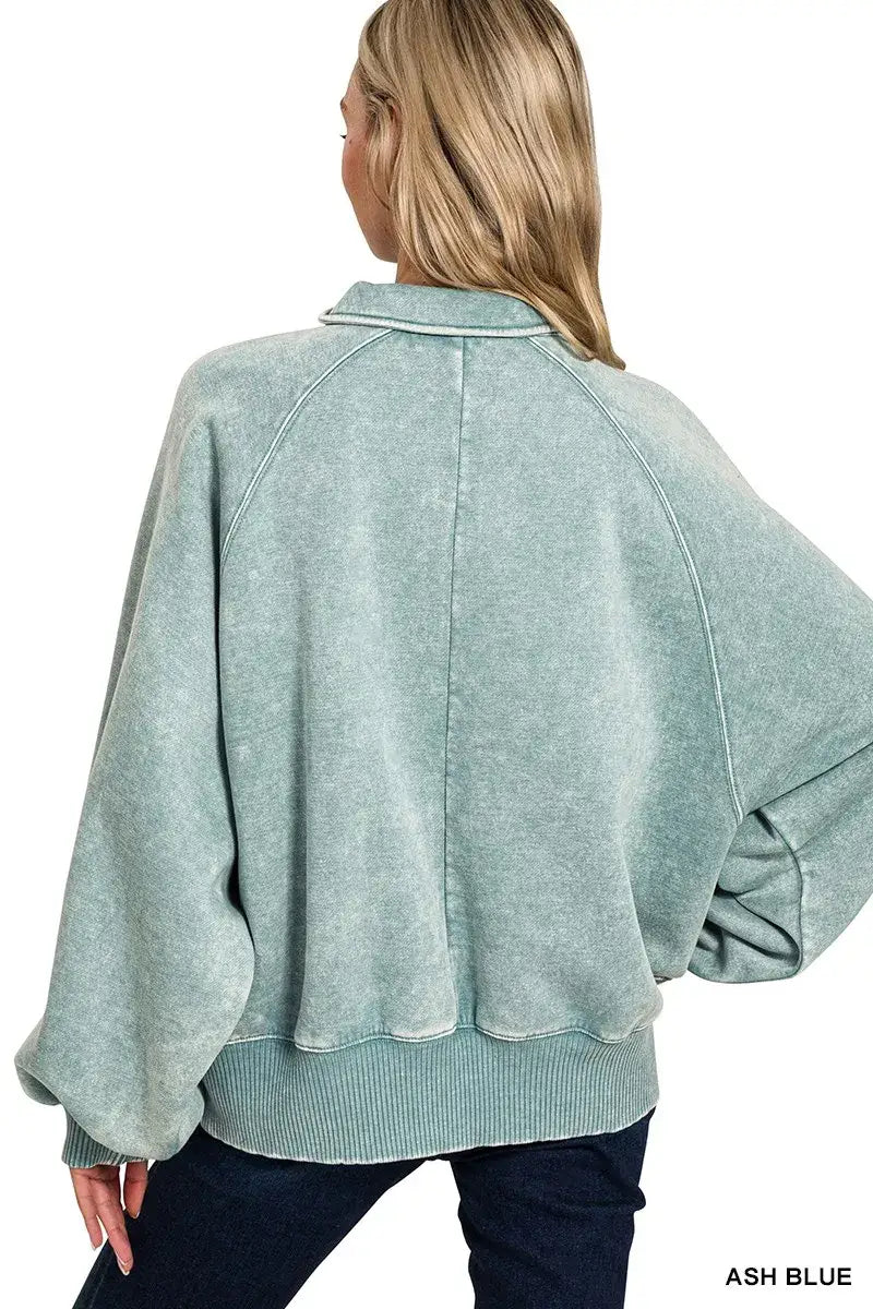 Zenana Acid Wash Fleece Collared Sweatshirt - Collared Sweatshirt