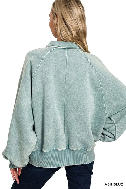 Zenana Acid Wash Fleece Collared Sweatshirt - Collared Sweatshirt