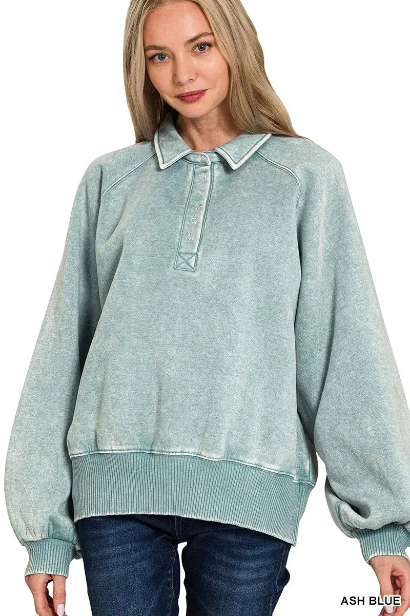 Zenana Acid Wash Fleece Collared Sweatshirt - Collared Sweatshirt