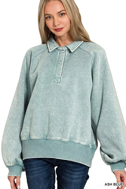 Zenana Acid Wash Fleece Collared Sweatshirt - Collared Sweatshirt