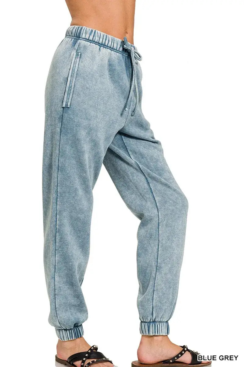Zenana Acid Wash Fleece Sweatpants with Pockets - Fleece Sweatpants with Pockets